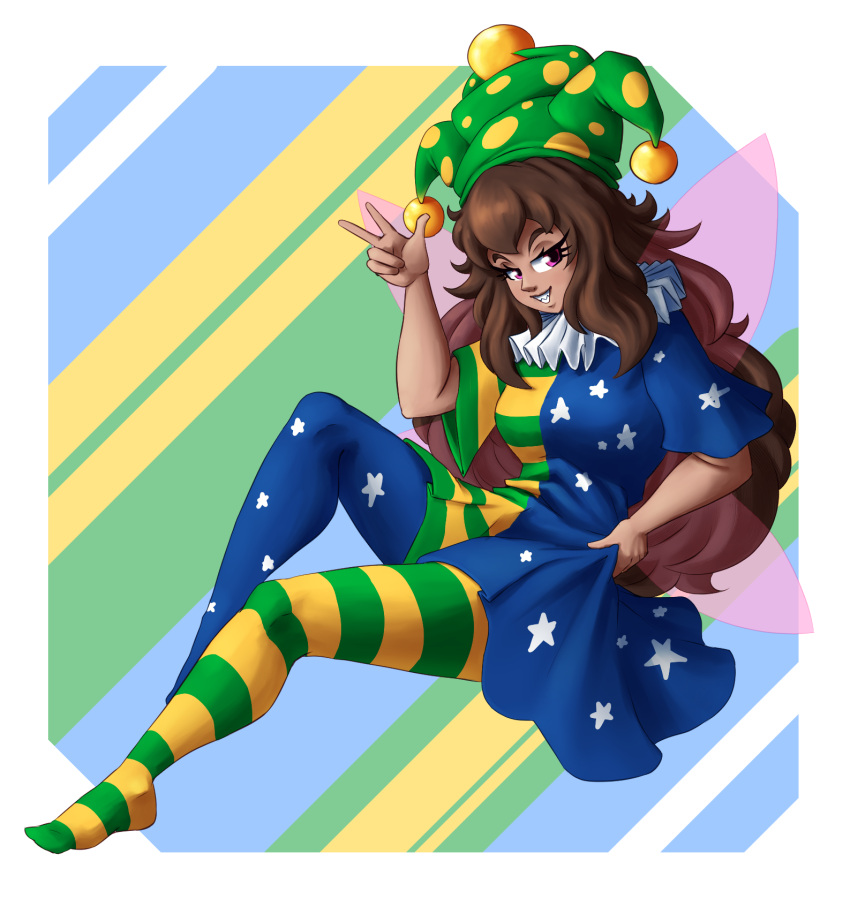 1girl, alternate_color, brazilian_flag, brazilian_flag_dess, brazilian_flag_legwear, brown_hair, clownpiece, dress