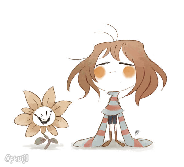 black_shorts, blush, boots, brown_footwear, brown_hair, cape, closed_mouth, flowey_(undertale), frisk_(undertale), open_mouth, petals, phuijl, plant, shirt, shorts, single_eye, smile, striped, striped_shirt, tall, toon_(style), undertale, white_cape