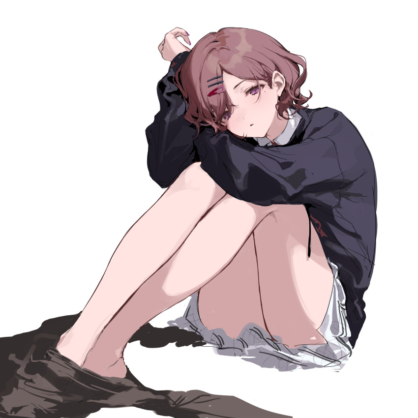 1girl, absurdres, arm_on_knee, bangs, bare_legs, black_hoodie, black_legwear, commentary
