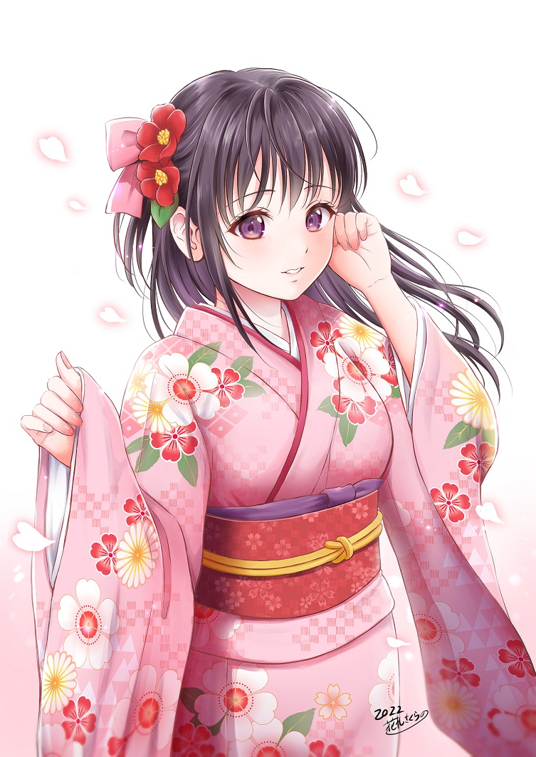 1girl, black_hair, cowboy_shot, floral_print, flower, hair_flower, hair_ornament, hanafuda_sakura, japanese_clothes, kimono, long_hair, looking_at_viewer, original, parted_lips, pink_kimono, sash, solo, standing, violet_eyes