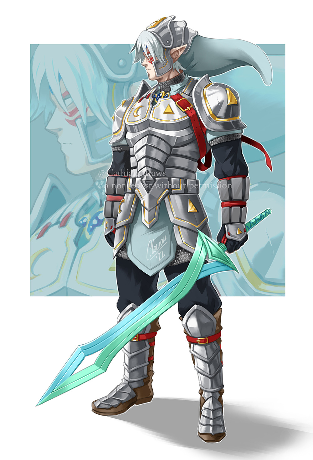 1boy, armor, cathianemelian, chainmail, facial_mark, fierce_deity, fingerless_gloves, gloves