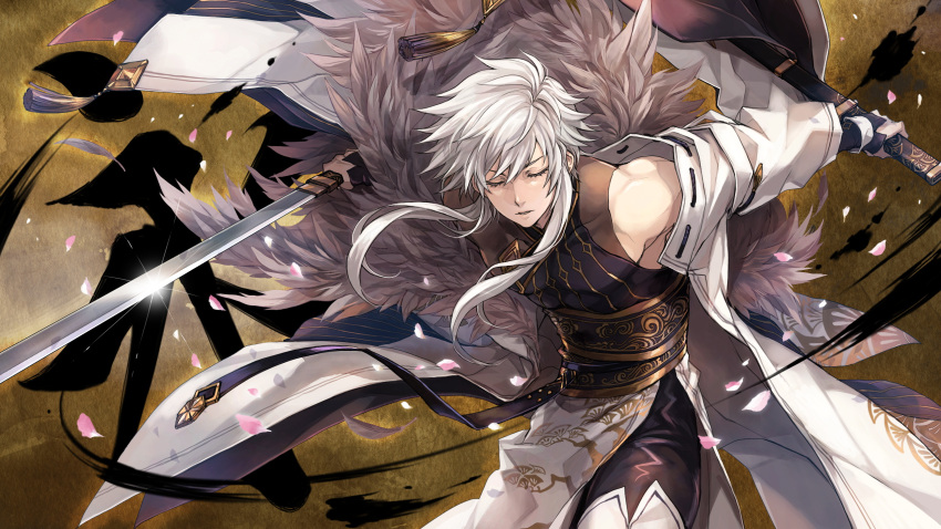 1boy, artist_request, black_pants, black_shirt, black_sleeves, closed_eyes, coat, commentary_request, cowboy_shot, detached_sleeves, facing_viewer, highres, holding, holding_sheath, holding_sword, holding_weapon, kyoku_ryuushou_(masterwork_apocalypse), long_hair, male_focus, masterwork_apocalypse, open_clothes, open_coat, pants, parted_lips, second-party_source, sheath, shirt, sidelocks, sleeve_cuffs, sleeveless, sleeveless_shirt, solo, sword, tassel, teeth, unsheathed, weapon, white_coat, white_hair