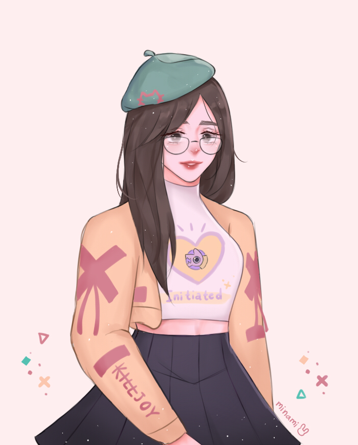 1girl, adapted_costume, artist_name, beige_background, beret, black_skirt, brown_eyes, brown_hair, character_name, glasses, green_headwear, hat, iamminami, killjoy_(valorant), long_hair, parted_lips, red_lips, skirt, smile, solo, sweater, valorant, white_sweater