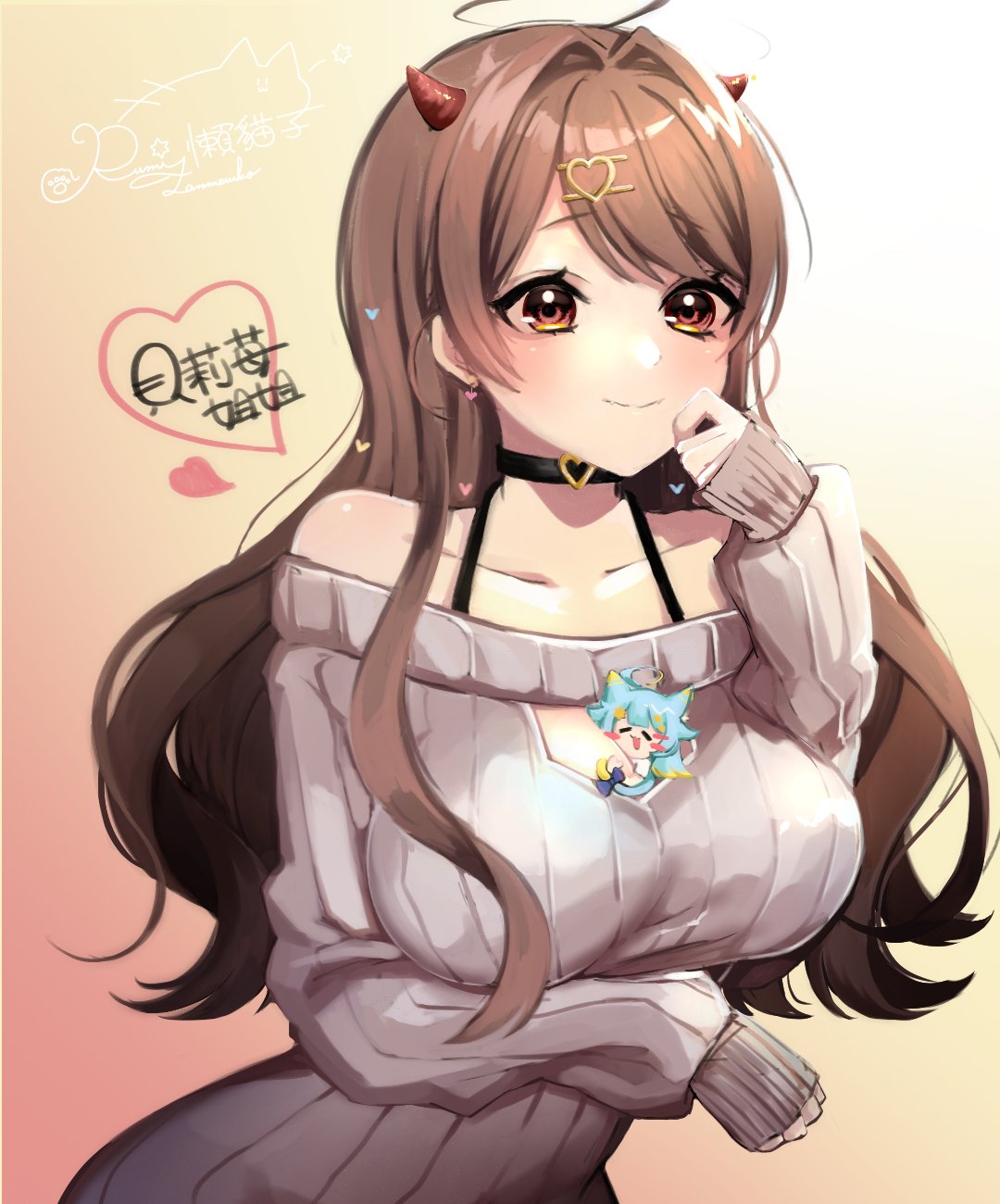 1girl, beryl_lulu, breasts, brown_eyes, brown_hair, choker, demon_horns, hair_ornament, hairclip, heart, highres, horns, indie_virtual_youtuber, large_breasts, pale_skin, rumi_(vtuber)_(artist), virtual_youtuber