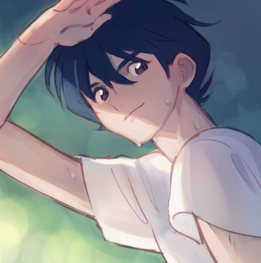 1boy, black_hair, blue_hair, brown_eyes, gundam, gundam_08th_ms_team, male_focus, shading_eyes
