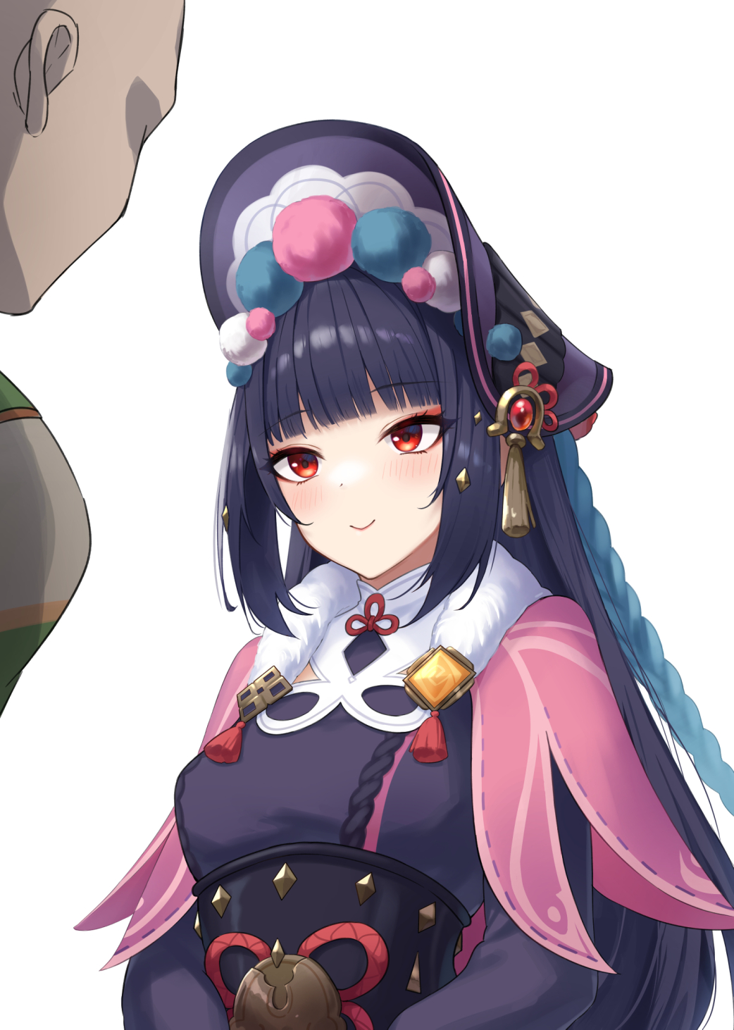 1boy, 1girl, bald, bangs, black_hair, blue_hair, blunt_bangs, blush, bonnet, braid, breasts, capelet, dress, faceless, faceless_male, fur_trim, genshin_impact, gohei_(aoi_yuugure), highres, hime_cut, long_hair, long_sleeves, multicolored_hair, red_eyes, simple_background, smile, two-tone_hair, upper_body, vision_(genshin_impact), white_background, yun_jin_(genshin_impact)