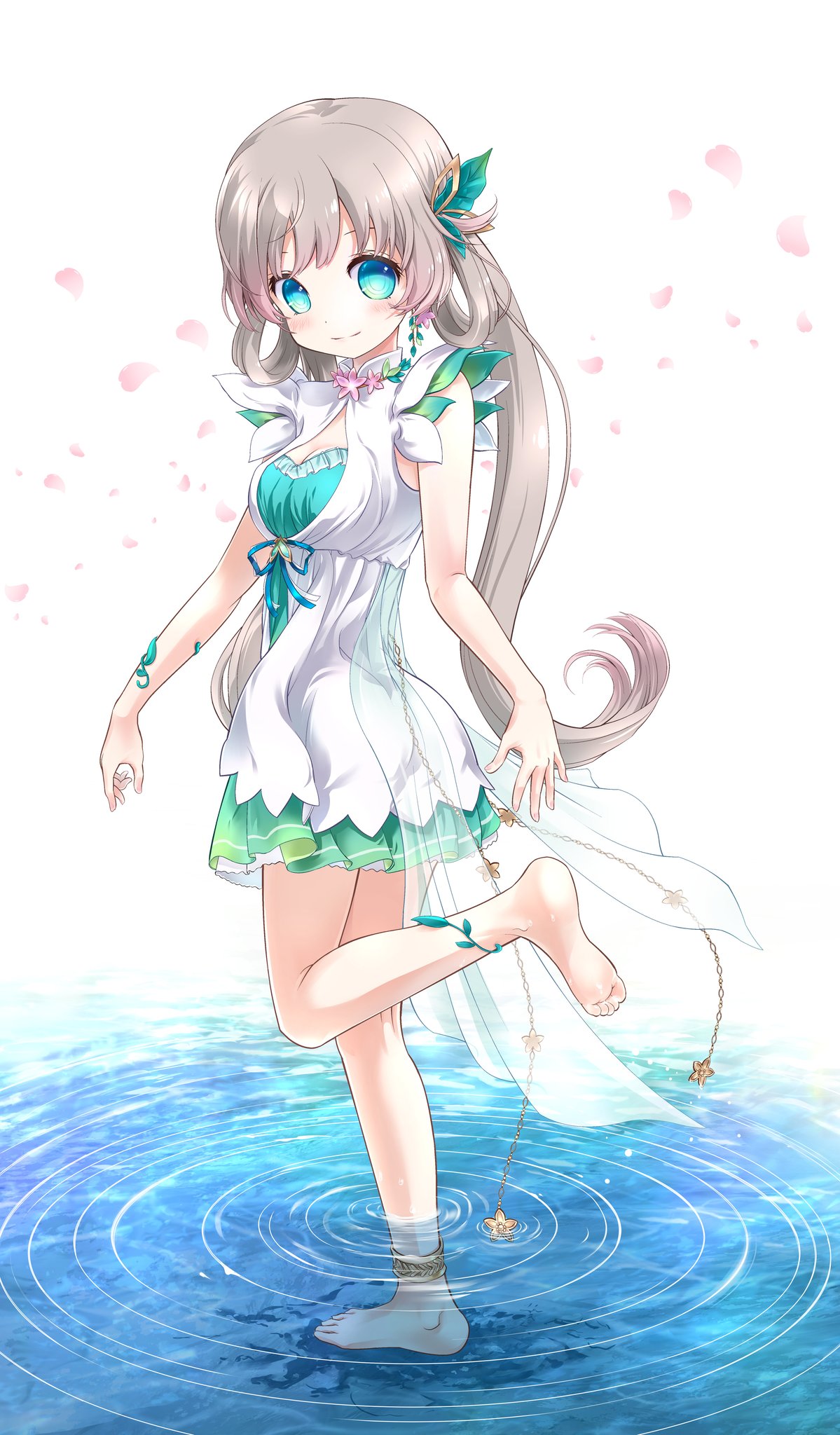 1girl, anklet, blue_eyes, blush, dress, hair_ornament, hanakaze_rin, highres