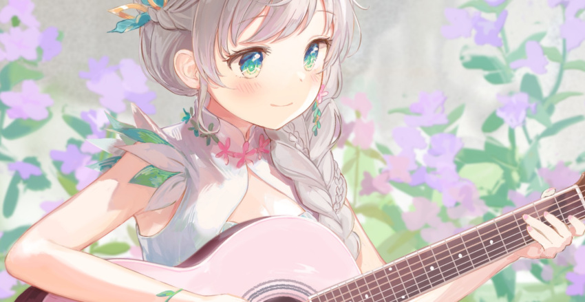 1girl, blue_eyes, blush, braid, dress, flower, guitar, hanakaze_rin