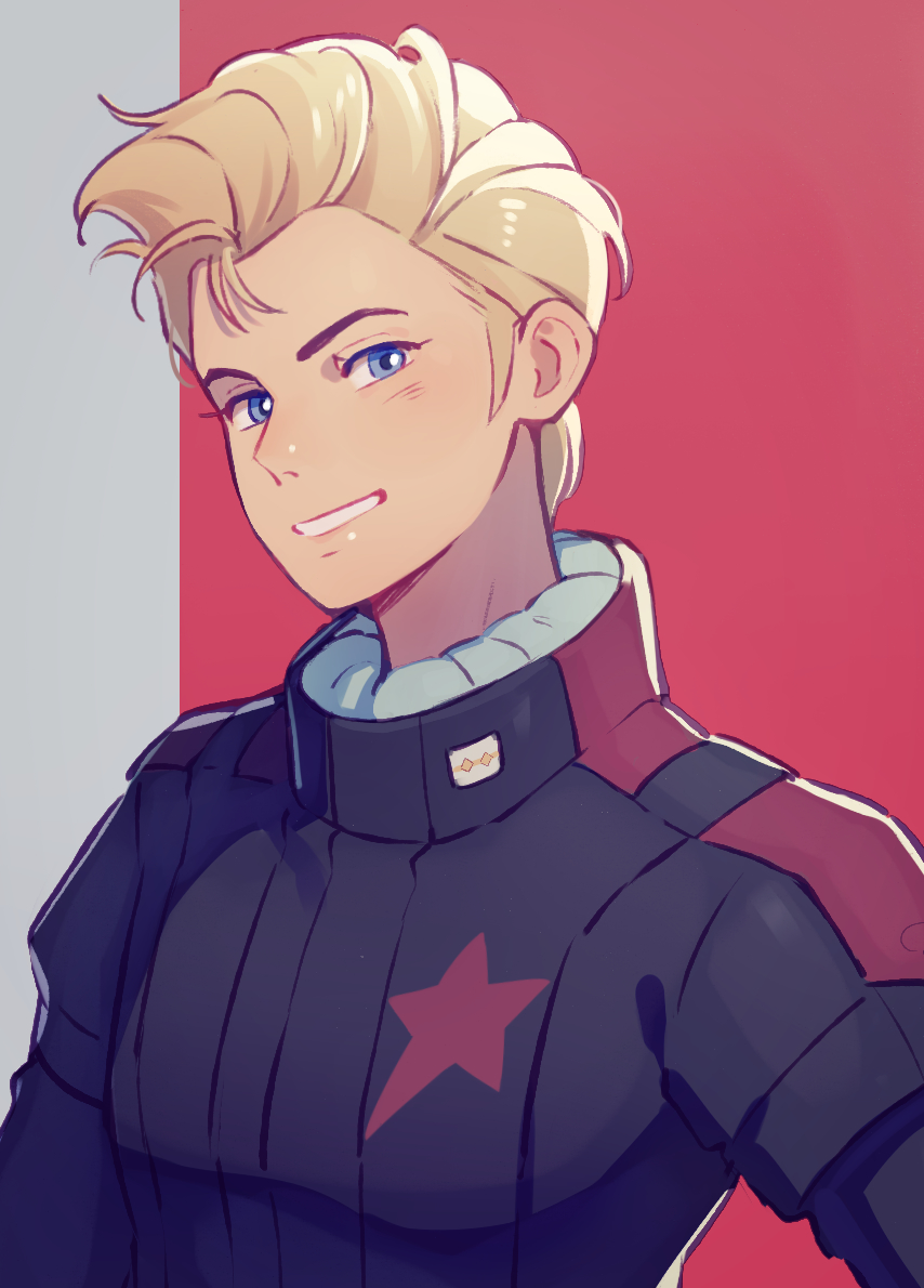 1boy, blonde_hair, blue_eyes, grin, gundam, hair_strand, jerid_messa, male_focus