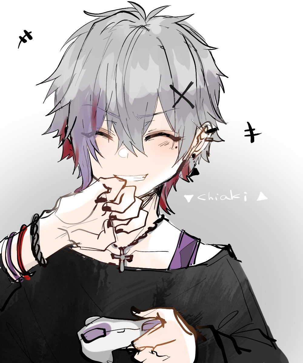 1boy, asuta1102, blush, bracelet, closed_eyes, cross, ear_piercing, earrings