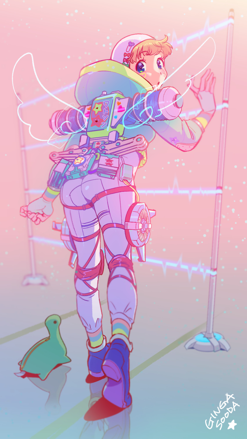 1girl, apex_legends, ass, bangs, blue_eyes, blue_footwear, blue_gloves, bodysuit