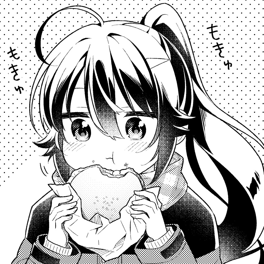 1girl, :t, ahoge, bangs, blush, burger, chewing, closed_mouth
