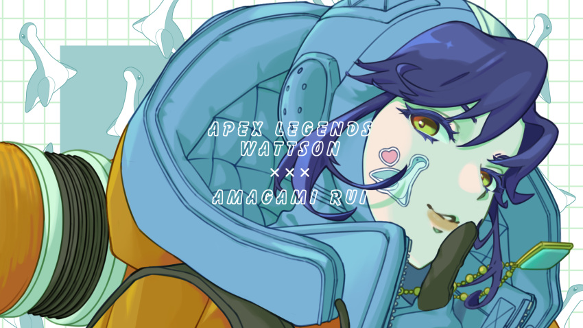 1girl, amagami_rui, apex_legends, bangs, blue_gloves, blue_hair, blue_headwear, brown_eyes