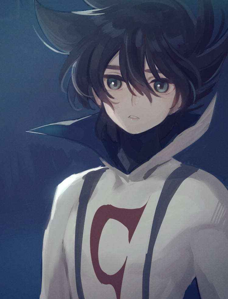 1boy, black_hair, blue_eyes, bodysuit, casshern, casshern_sins, high_collar, male_focus, portrait, solo, son_(skvnmn0), spiky_hair, upper_body, white_bodysuit