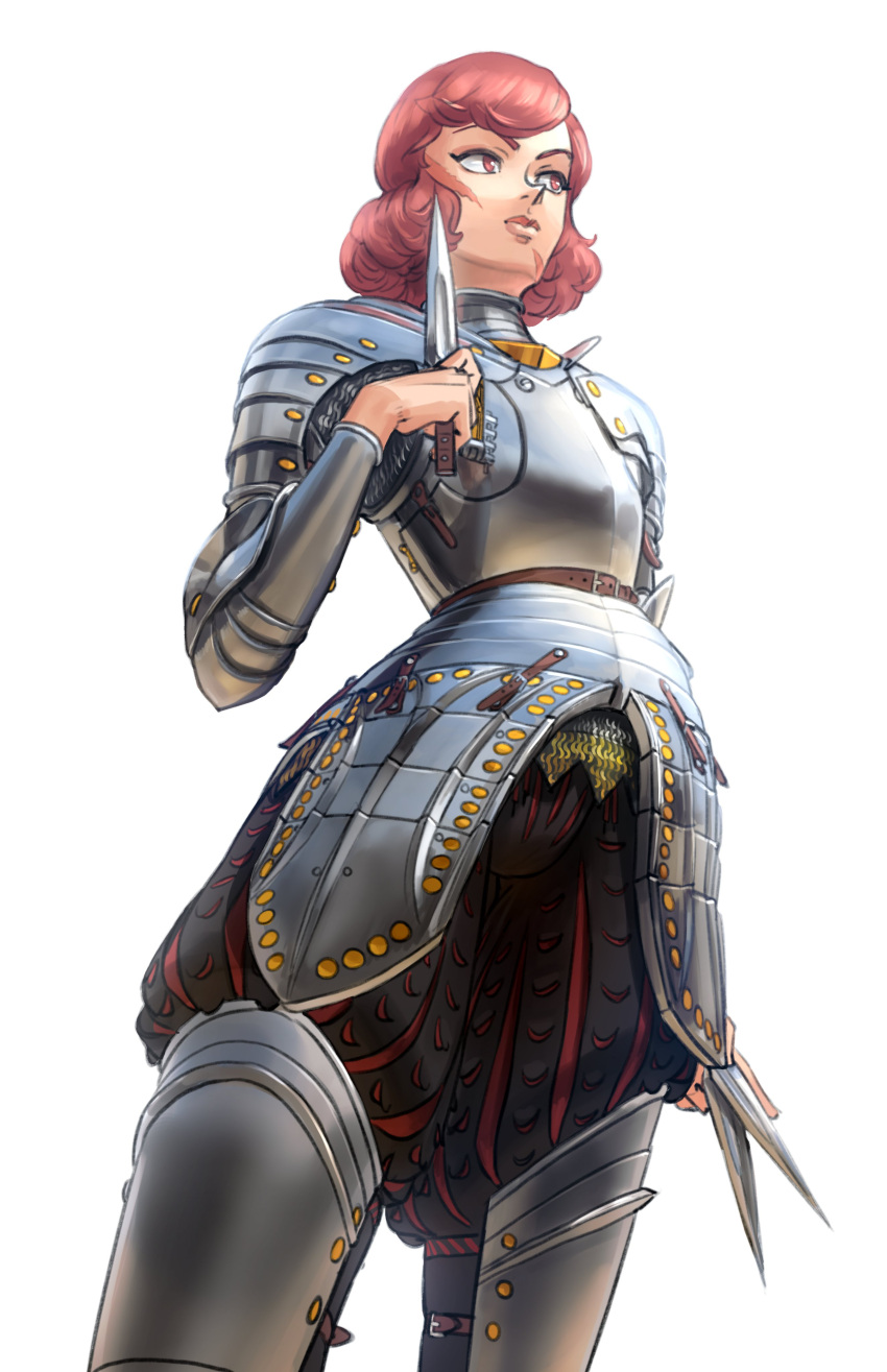 1girl, absurdres, anne_(ousama_ranking), armor, belt, belt_buckle, buckle, closed_mouth, commentary, cowboy_shot, english_commentary, highres, holding, holding_knife, holding_weapon, knife, knight, leg_armor, ousama_ranking, plate_armor, pointy_nose, red_eyes, redhead, scar, scar_on_cheek, scar_on_face, shoulder_armor, simple_background, solo, wassnonnam, weapon, white_background