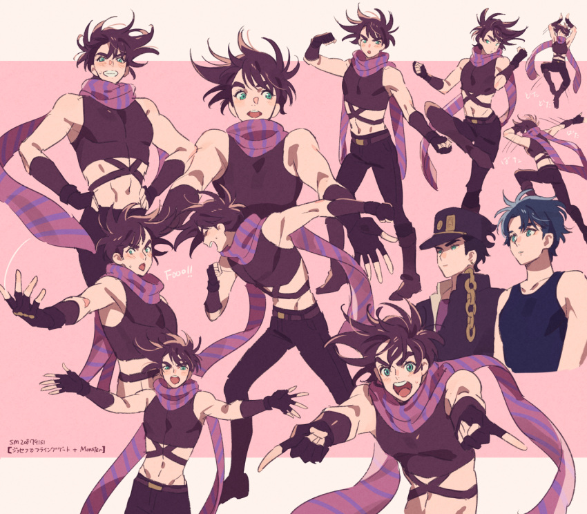 battle_tendency, boots, brown_hair, chain, crop_top, dancing, elbow_gloves, fingerless_gloves