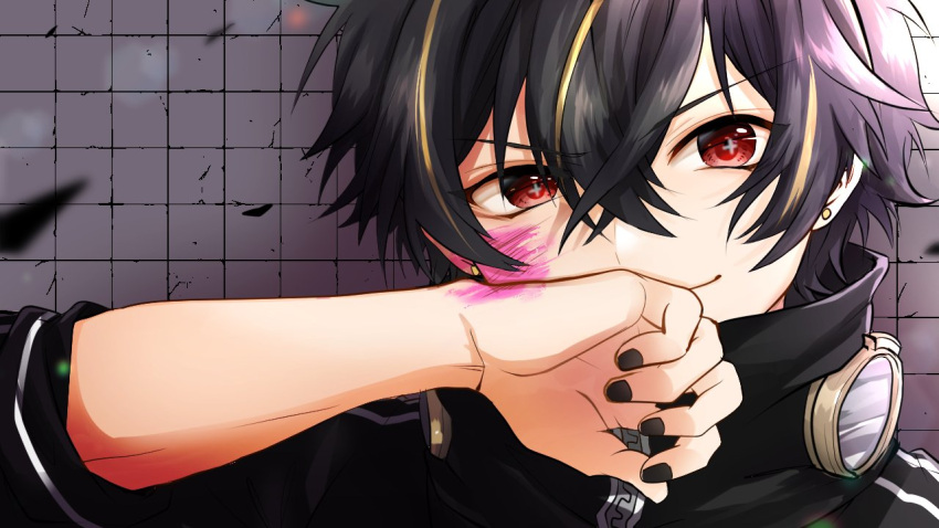 >:), 1boy, asuta1102, black_hair, blonde_hair, blood, blood_on_face, cross