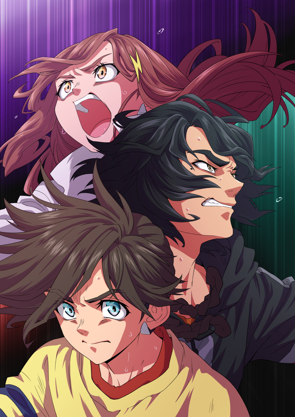 1girl, 2boys, bangs, black_hair, black_hoodie, braid, brown_eyes, brown_hair