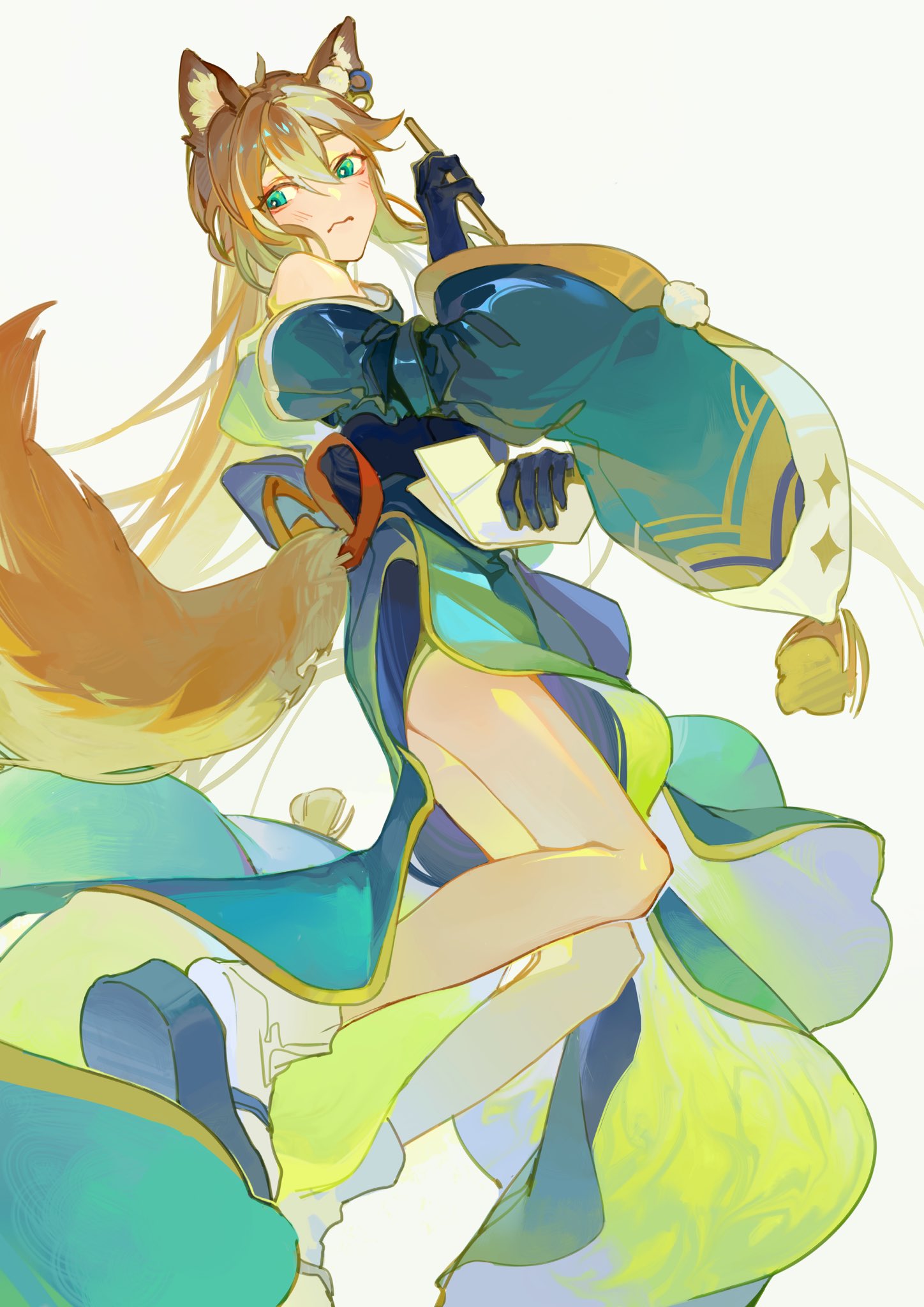 animal_ears, blue_eyes, blush, bow, dog_ears, dog_girl, dog_tail, embarrassed, genderswap, genderswap_(mtf), genshin_impact, gorou_(genshin_impact), highres, japanese_clothes, kimono, multicolored_hair, n0kio, orange_hair, pale_skin, solo, tail, white_hair