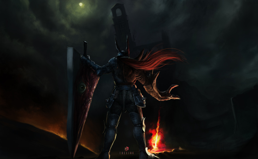 1boy, absurdres, bonfire_(dark_souls), clouds, cloudy_sky, crossover, dark_souls_(series), english_commentary