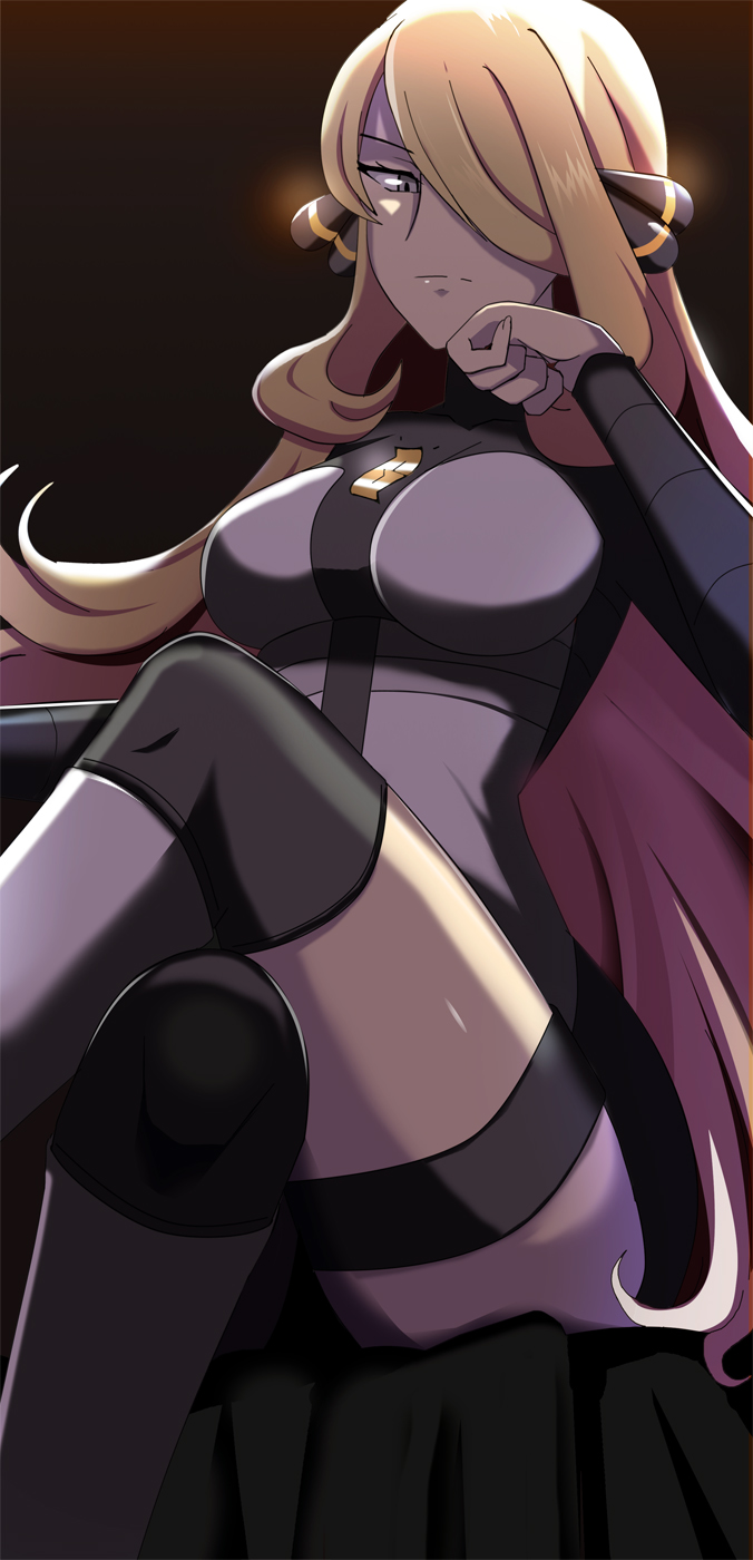 1girl, alternate_costume, blonde_hair, bodysuit, breasts, clenched_hand, closed_mouth, crossed_legs