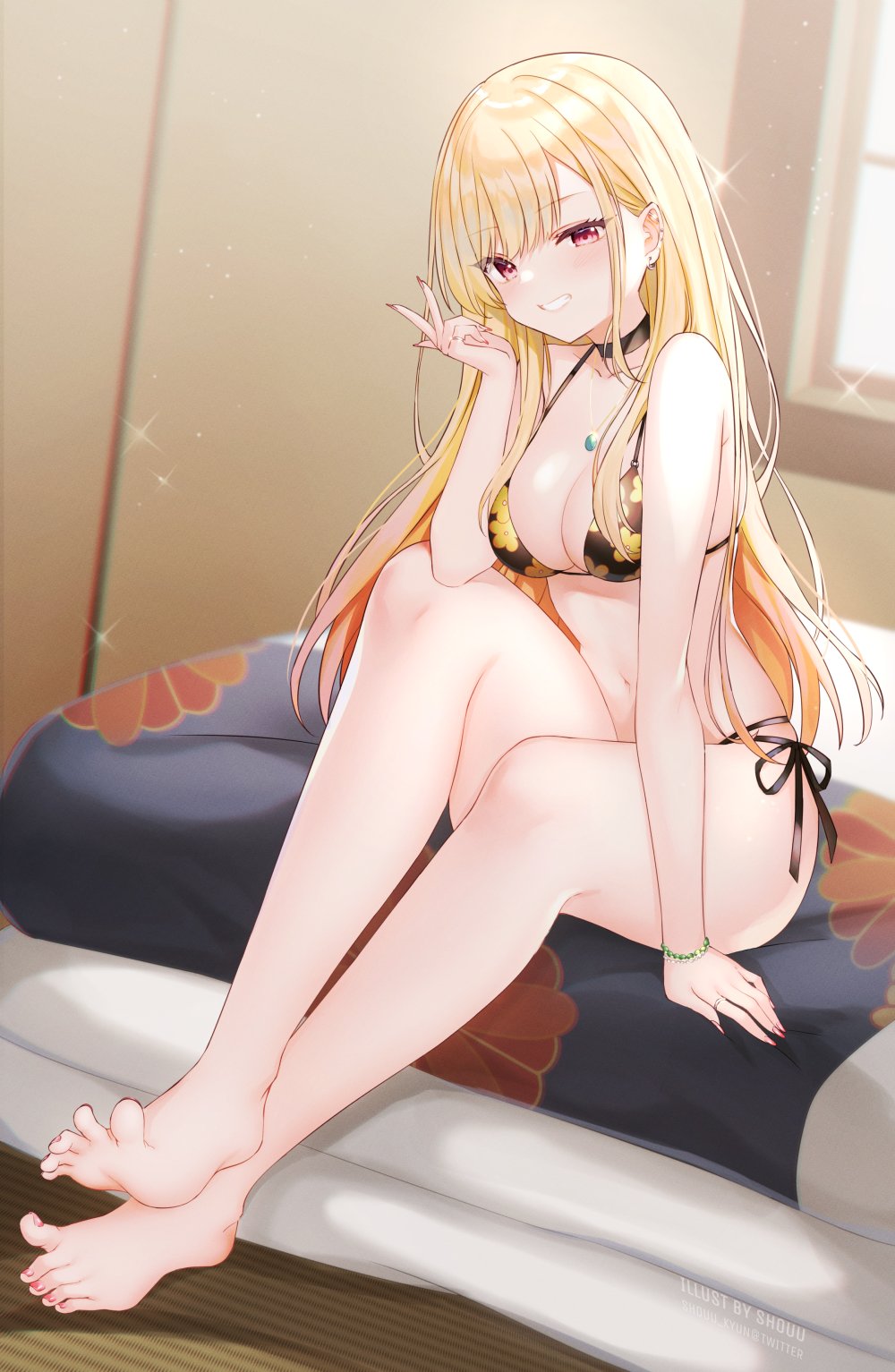 1girl, barefoot, bikini, black_bikini, black_choker, blonde_hair, breasts, choker