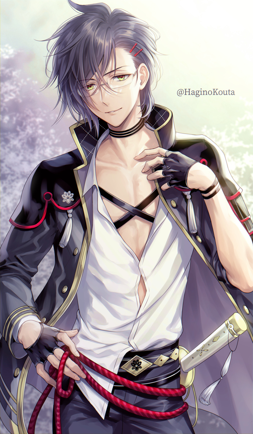 1boy, absurdres, akashi_kuniyuki, black_gloves, black_hair, black_jacket, black_pants, collarbone