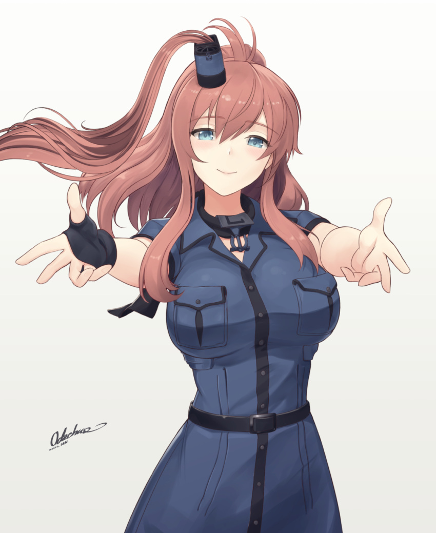 1girl, belt, black_belt, black_dress, blue_eyes, breast_pocket, breasts, brown_hair