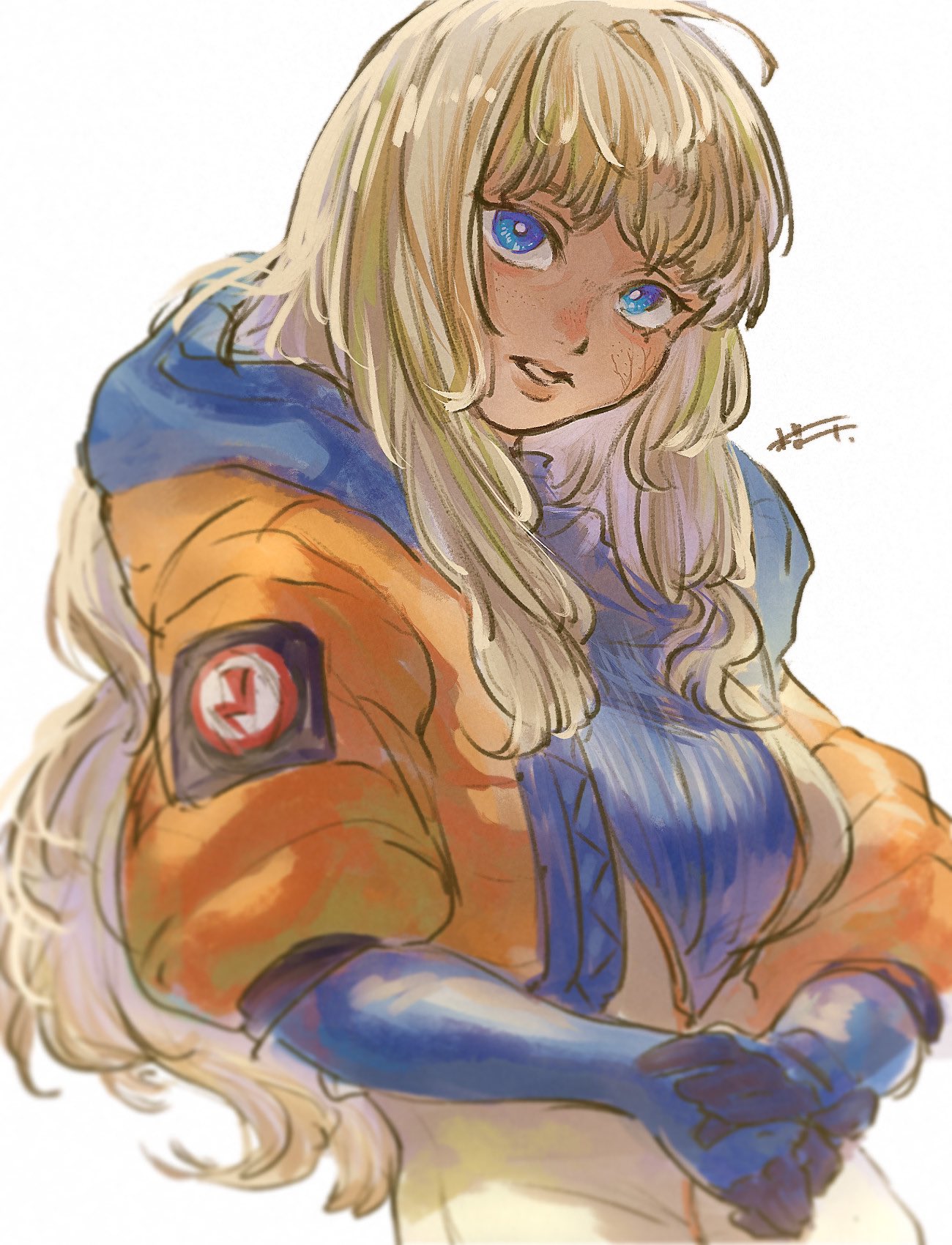 1girl, alternate_hair_length, alternate_hairstyle, apex_legends, blonde_hair, blue_bodysuit, blue_eyes, blue_gloves