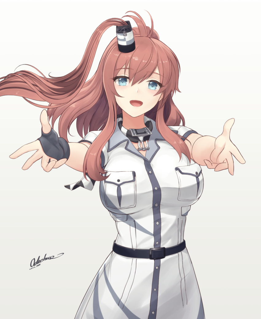 1girl, belt, black_belt, blue_eyes, breast_pocket, breasts, brown_hair, dress