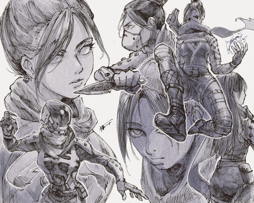 alternate_hairstyle, apex_legends, arc_star, ass, bodysuit, breasts, grey_background, greyscale