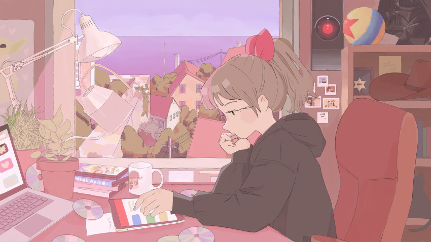 1girl, 2001_a_space_odyssey, absurdres, bangs, black_hoodie, blush, brown_hair, cd