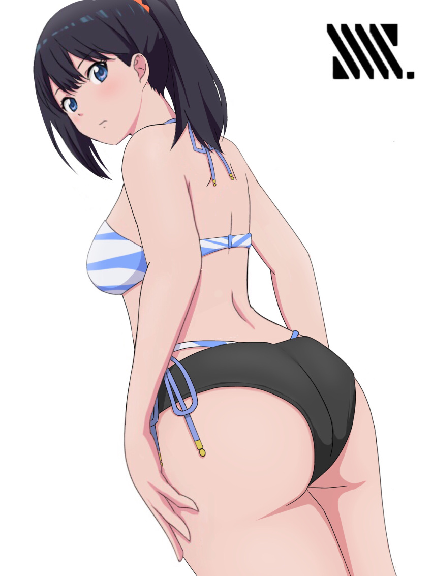 1girl, ass, bikini, black_hair, blue_eyes, blush, breasts, commentary