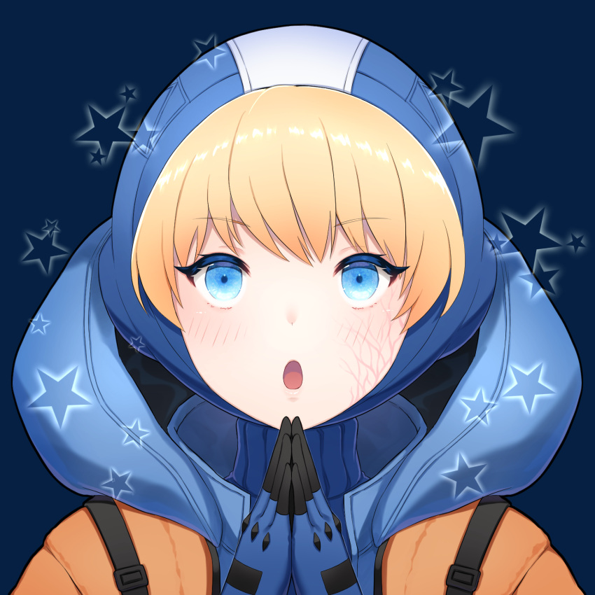 1girl, :o, apex_legends, bangs, blonde_hair, blue_background, blue_bodysuit, blue_eyes