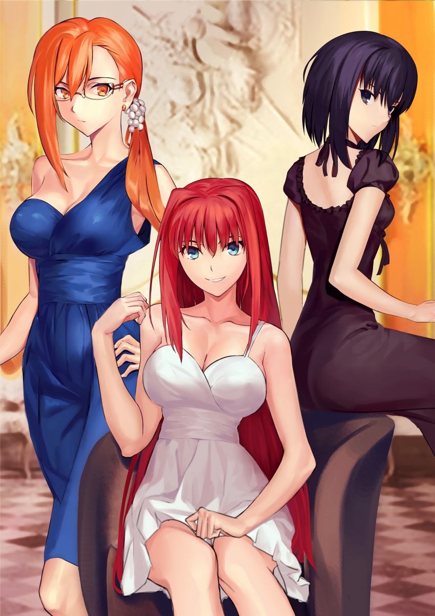 3girls, absurdres, alternate_costume, aozaki_aoko, aozaki_touko, back, bangs, bare_shoulders