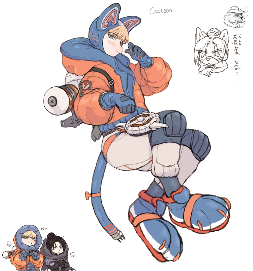 1non-binary, 2girls, animal_ears, apex_legends, bangs, black_bun, blonde_hair, bloodhound_(apex_legends)
