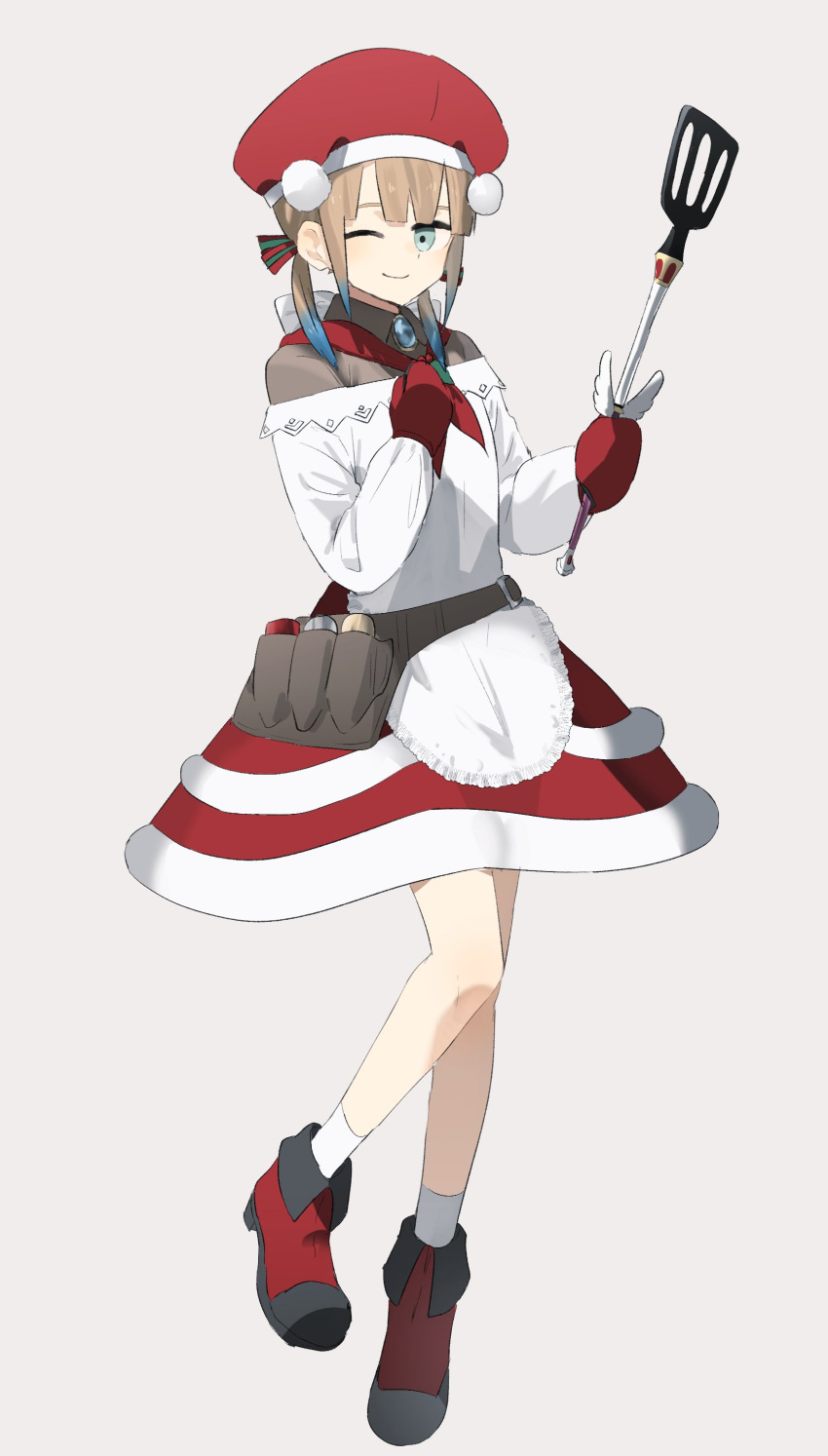 1girl, absurdres, alternate_costume, apron, baker_nemo_(fate), bangs, belt_pouch, blonde_hair, blue_eyes, blue_hair, blunt_bangs, christmas, dress, fate/grand_order, fate_(series), gradient_hair, hair_ribbon, hat, highres, holding, holding_spatula, mittens, multicolored_hair, ne_f_g_o, nemo_(fate), one_eye_closed, pouch, ribbon, short_twintails, sidelocks, simple_background, solo, spatula, twintails
