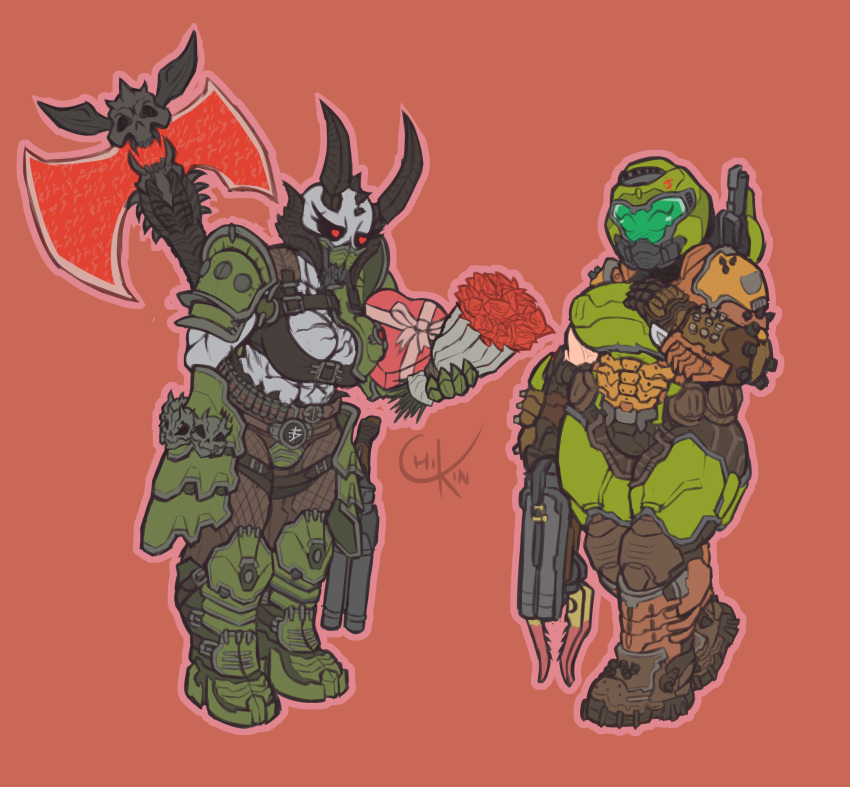 armor, axe, blush, box_of_chocolates, buterchikin, demon_girl, doom_(game), doom_eternal