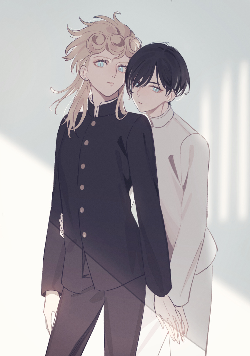 2boys, alternate_costume, black_hair, blonde_hair, blue_eyes, bowl_cut, dual_persona, gakuran