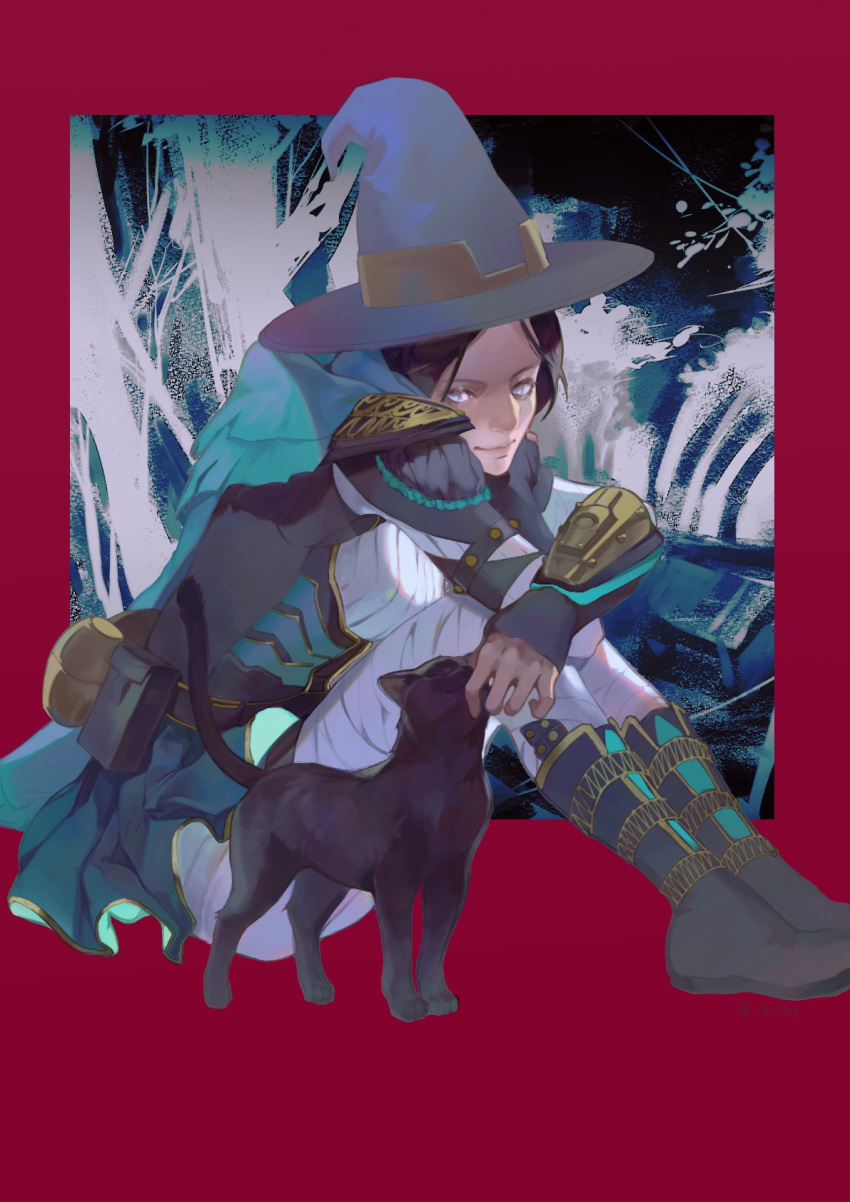 1girl, apex_legends, bangs, black_cat, black_footwear, black_hair, black_headwear, blue_eyes