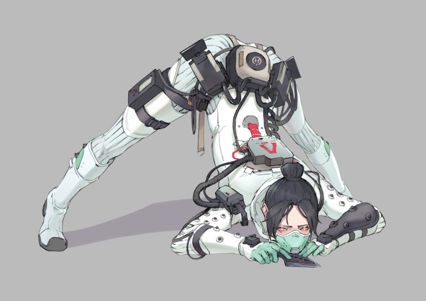 1girl, apex_legends, ass, bangs, black_hair, bodysuit, cable, english_commentary