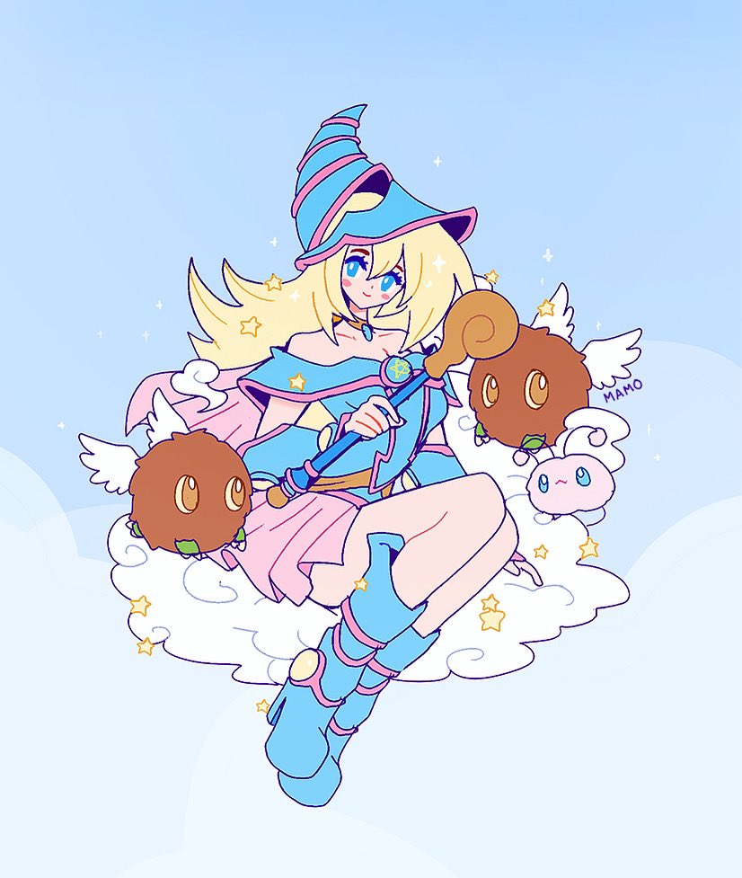 1girl, artist_name, bare_legs, bare_shoulders, blonde_hair, blue_background, blue_eyes, blue_footwear, blush, boots, dark_magician_girl, duel_monster, hair_between_eyes, hat, kuriboh, long_hair, looking_at_viewer, mamobot, pentacle, smile, solo, sparkle, wand, watapon, wings, wizard_hat, yu-gi-oh!, yu-gi-oh!_duel_monsters