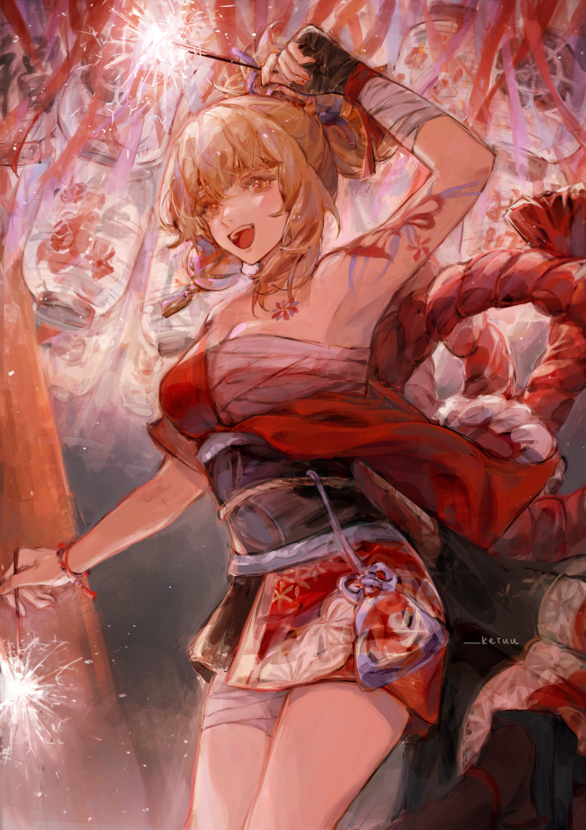 1girl, bandages, blonde_hair, blush, fireworks, genshin_impact, highres, japanese_clothes