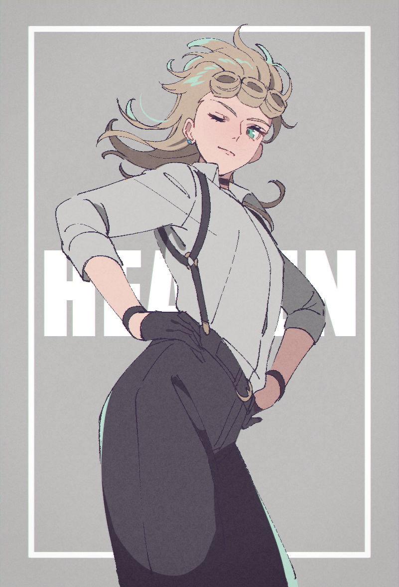 1boy, alternate_costume, black_gloves, blonde_hair, blue_eyes, braid, dress_shirt, earrings