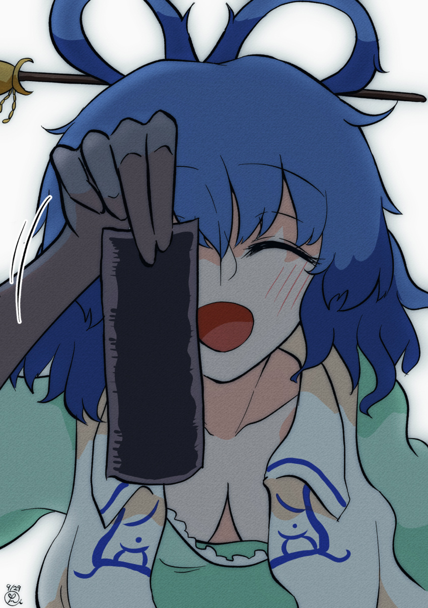 1girl, ^_^, aqua_dress, bangs, blue_dress, blue_hair, breasts, closed_eyes