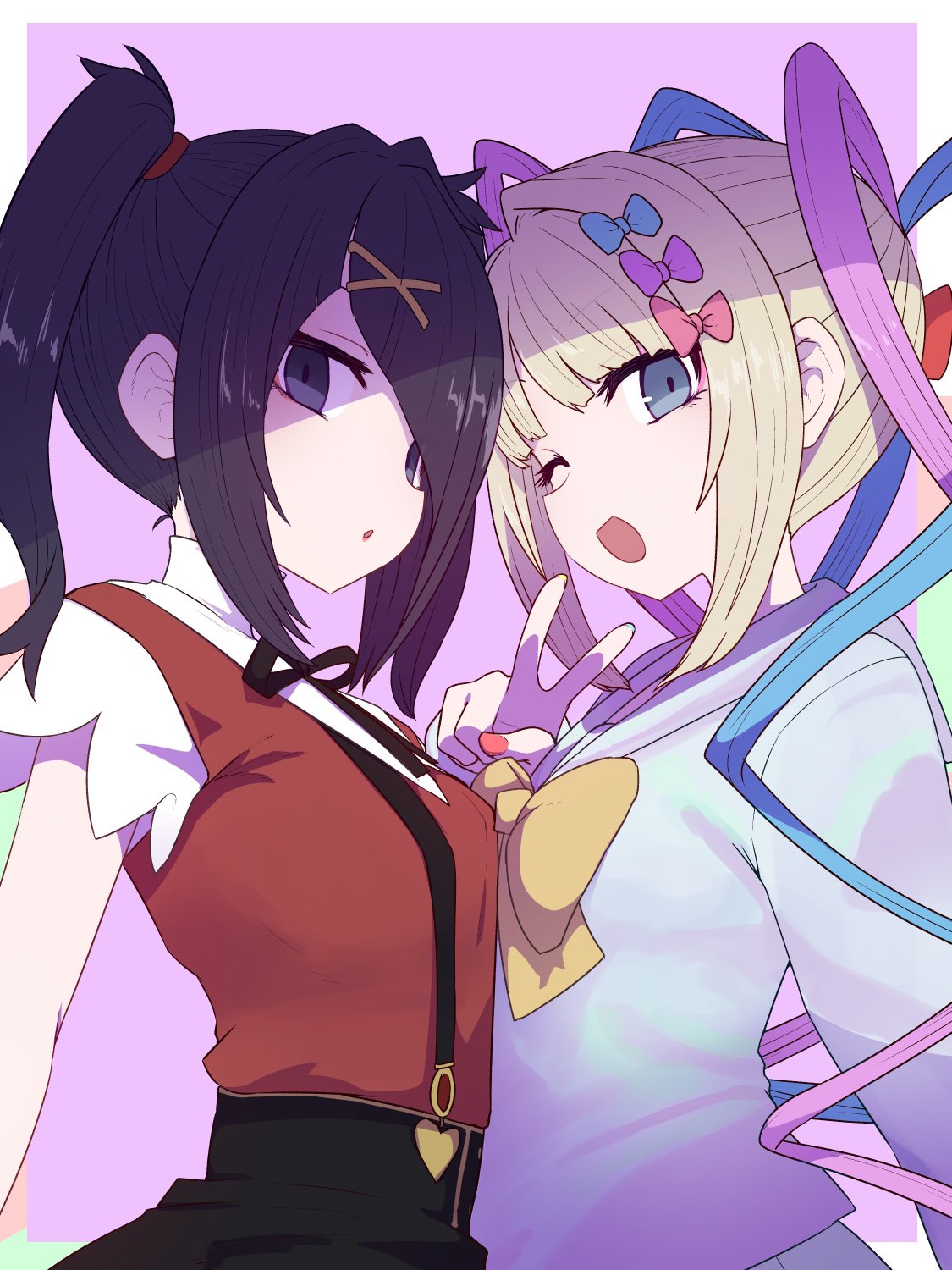 2girls, ame-chan_(needy_girl_overdose), bangs, belt, black_hair, black_ribbon, black_skirt, blonde_hair