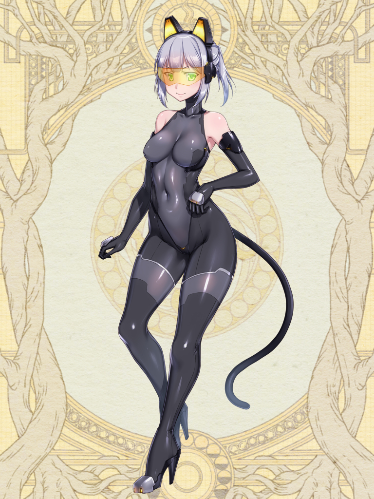 1girl, animal_ears, bare_shoulders, black_bodysuit, bodystocking, bodysuit, breasts, cat_tail