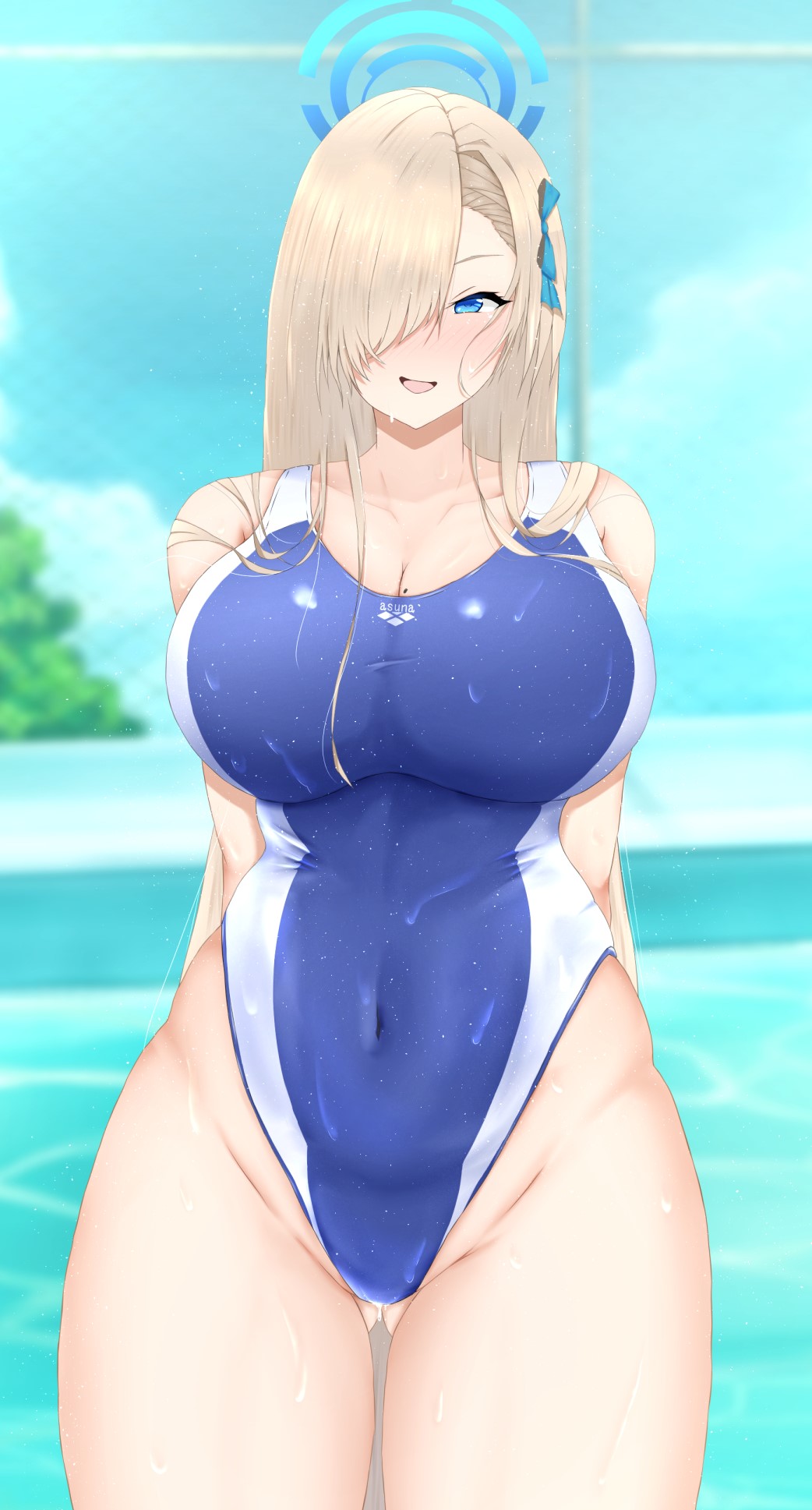1girl, arms_behind_back, asuna_(blue_archive), blue_archive, breasts, competition_swimsuit, cowboy_shot, hair_over_one_eye