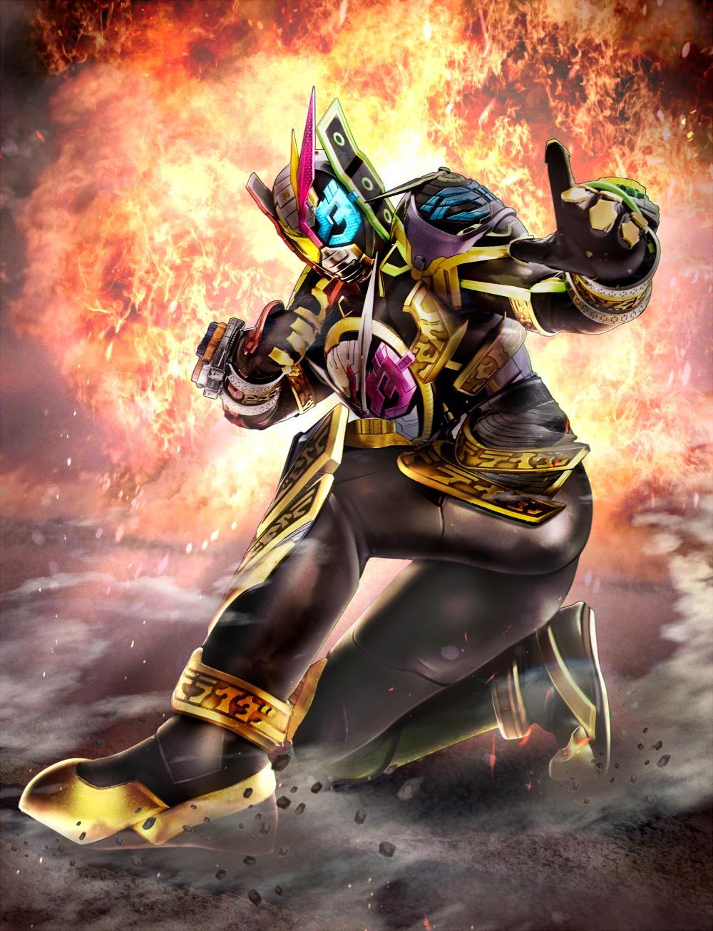 1boy, black_bodysuit, blue_eyes, bodysuit, fusion, gold_armor, heterochromia, highres, kamen_rider, kamen_rider_geiz, kamen_rider_woz, kamen_rider_zi-o, kamen_rider_zi-o_(series), kneeling, mask, masukudo_(hamamoto_hikaru), open_hand, pink_eyes, pose, red_armor, rider_watch, superhero_landing, trinity_riderwatch, watch, yellow_eyes, zi-o_trinity