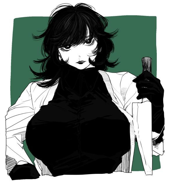 1girl, bangs, bobbbob, breasts, cardigan, collared_shirt, expressionless, gloves